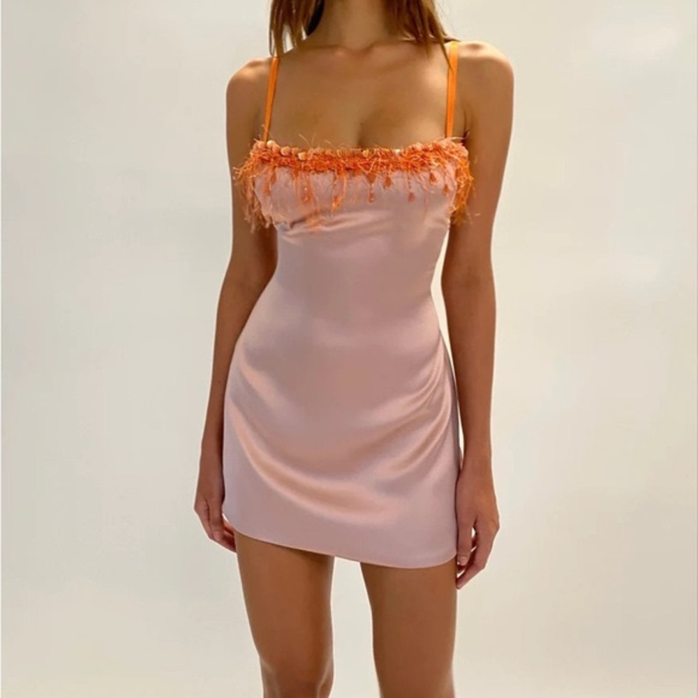 Guizio Beaded Mini Dress in Satin Pink Bodycon Fitted Fringe Top Sleeveless Tank